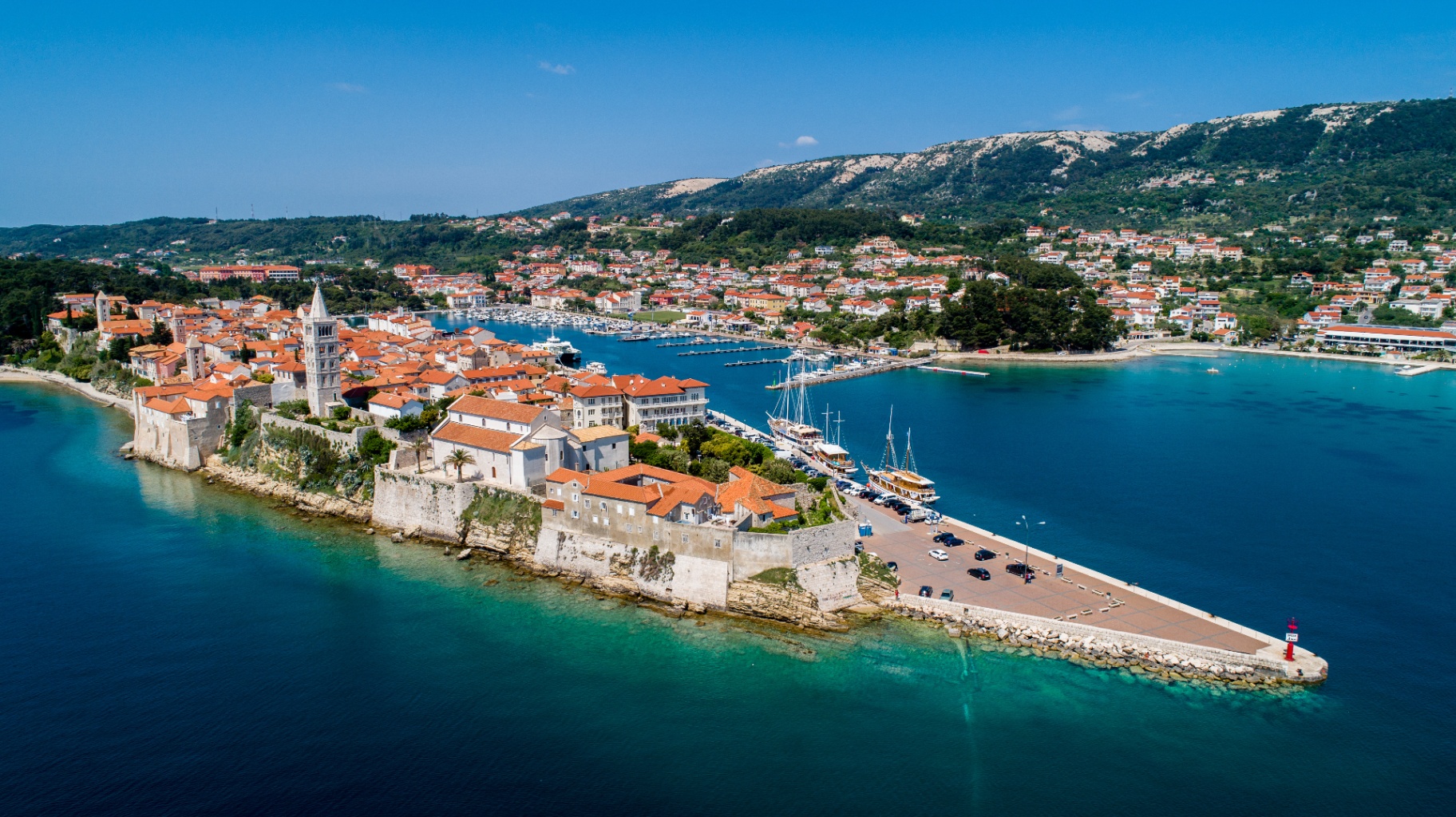 Aerial medieval Rab old town architecture harbor Croatia fitness retreat executive fitness getaway destination